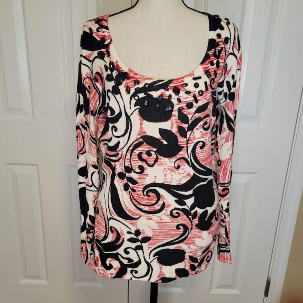 Cyrus Abstract Floral Embellished Stretch Knit Top Size XL